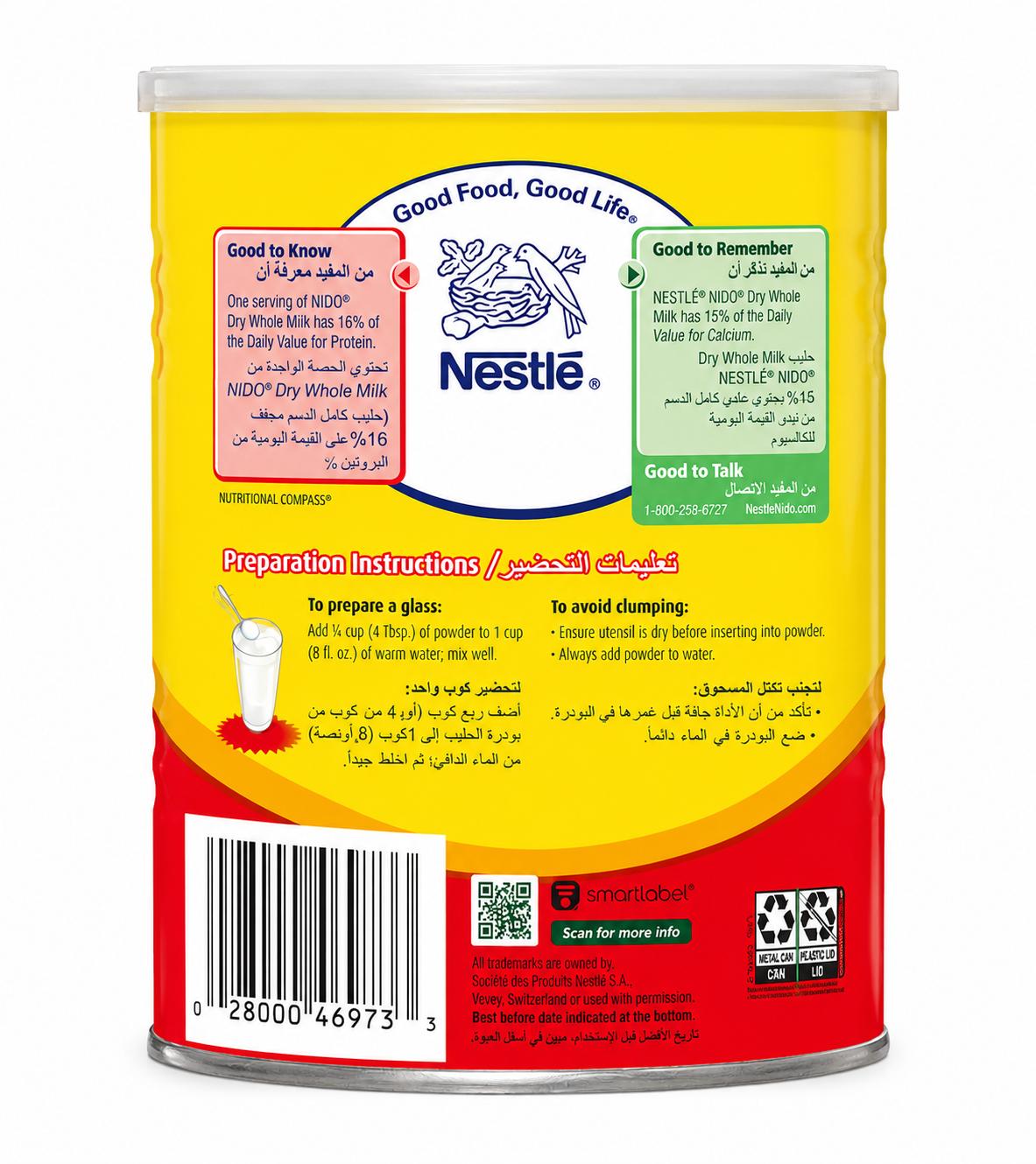 Nestlé NIDO Dry Whole Milk Powder 900g Can – Instant Full Cream Milk (28% Milkfat), Rich in Calcium & Protein