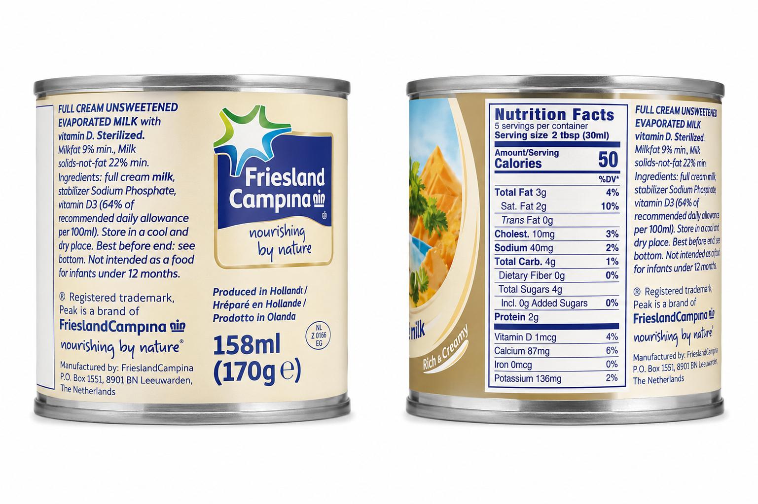 Peak Evaporated Milk 170g (158ml) – Full Cream Unsweetened, Rich & Creamy, Product of Holland