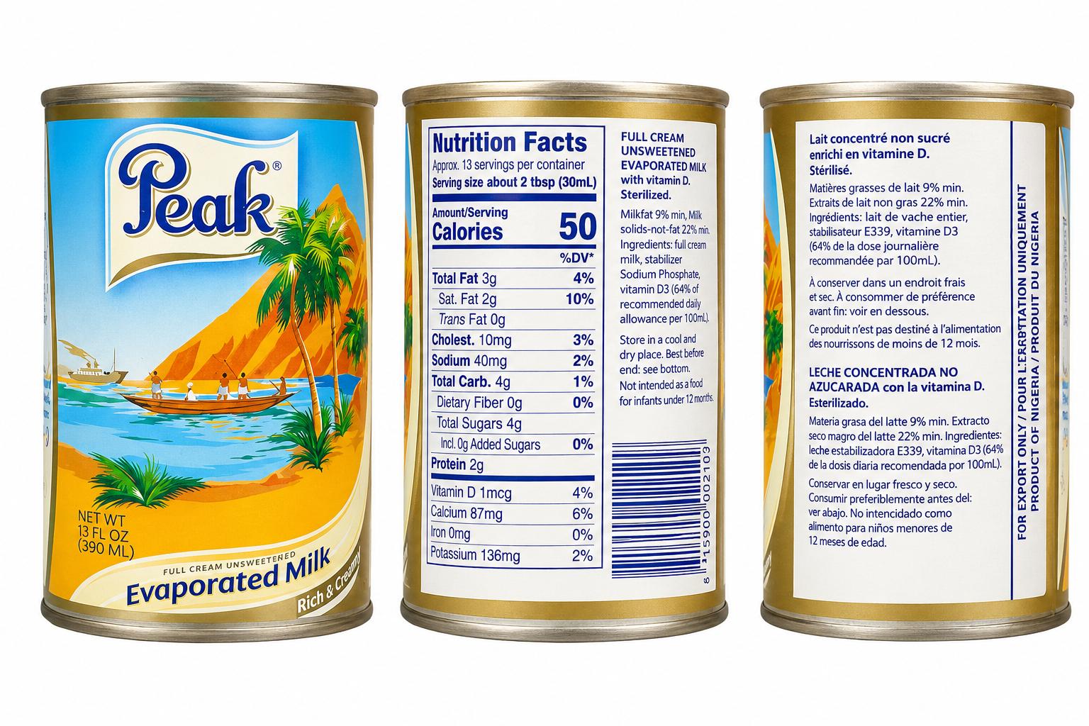 Peak Evaporated Milk 390ml (13 fl oz) – Full Cream Unsweetened, Rich & Creamy, Product of Nigeria
